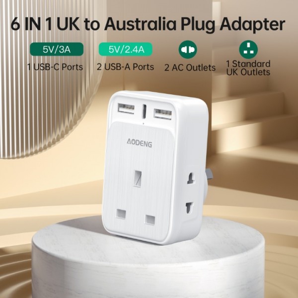 UK to Australia Plug Adapter, AODENG Australian Travel Adapter with 2 USB Ports and 1 Type C(5V/3.4A) and 2 Shaver Plug Input for UK to Australian New Zealand Fiji Argentina and more (Type I)