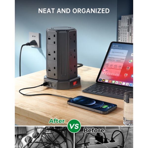 AODENG Tower Extension Lead with USB Slots 5M, 12 Way Outlets Multi Plug Extension Tower with 4 USB Slots (1 Type C & 3 USB Ports), Surge Protector Long Extension Lead tower for Home, Office, Kitchen