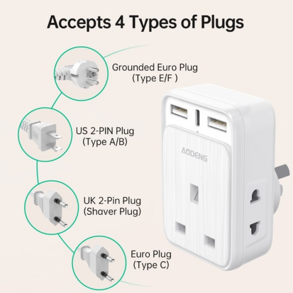 UK to Australia Plug Adapter, AODENG Australian Travel Adapter with 2 USB Ports and 1 Type C(5V/3.4A) and 2 Shaver Plug Input for UK to Australian New Zealand Fiji Argentina and more (Type I)