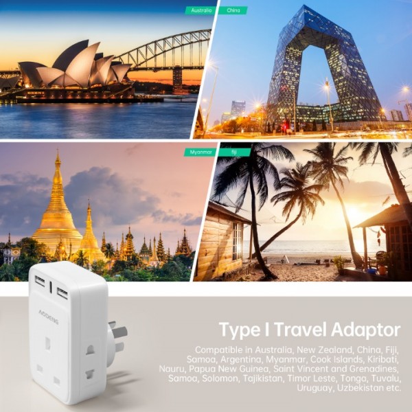 UK to Australia Plug Adapter, AODENG Australian Travel Adapter with 2 USB Ports and 1 Type C(5V/3.4A) and 2 Shaver Plug Input for UK to Australian New Zealand Fiji Argentina and more (Type I)