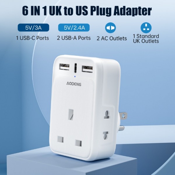 AODENG UK to US Plug Travel Adapter, USA Travel Adapter with 3 USB Ports (1 20W USB C Fast Travel Charger), American Plug Adapter with 2 Shaver Adapter Plug UK for Canada, Thailand, Mexico and more (Type B)
