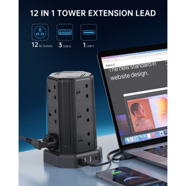 AODENG Tower Extension Lead with USB Slots 5M, 12 Way Outlets Multi Plug Extension Tower with 4 USB Slots (1 Type C & 3 USB Ports), Surge Protector Long Extension Lead tower for Home, Office, Kitchen