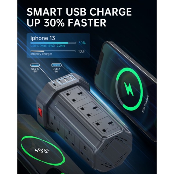 AODENG Tower Extension Lead with USB Slots 5M, 12 Way Outlets Multi Plug Extension Tower with 4 USB Slots (1 Type C & 3 USB Ports), Surge Protector Long Extension Lead tower for Home, Office, Kitchen