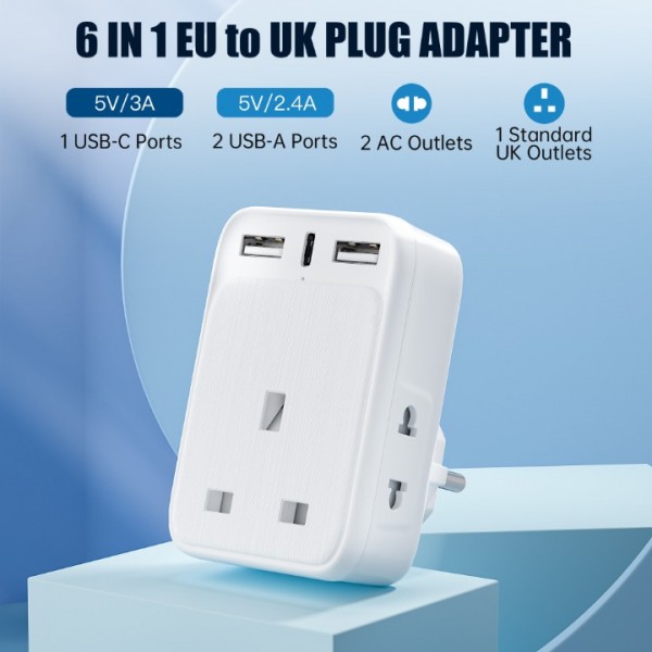 AODENG European to UK Plug Adaptor, UK to EU Travel Adapter with 3 USB Ports (1 20W USB C), Grounded European Plug Adapter with 2 Shaver Adapter for Germany France Poland Spain and More (Type E/F)